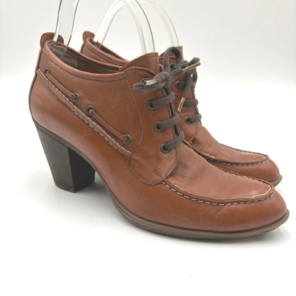 Greyder Cognac Leather Heeled Loafer Booties Size 38 7.5 Lace Up Boat Shoe Style